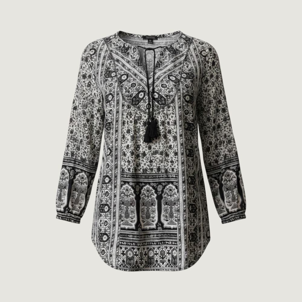 Lucky Brand Boho Tunic Top Womens Medium Black White Paisley Tassel Tie Neck